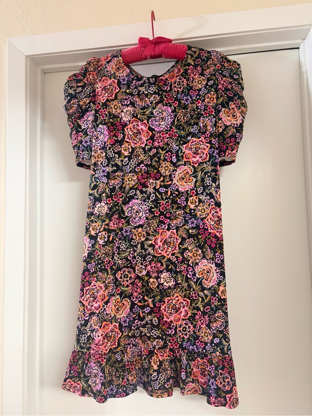 Floral Puff-Sleeve Dress - Black with Pink & Purple Flowers